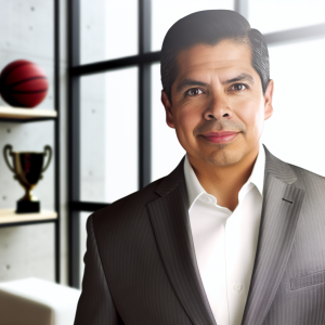 Entrepreneur in a modern office with subtle sports memorabilia representing leadership, sports, and education support