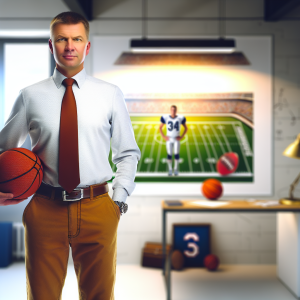 Entrepreneur and community leader in a modern office setting with subtle sports elements