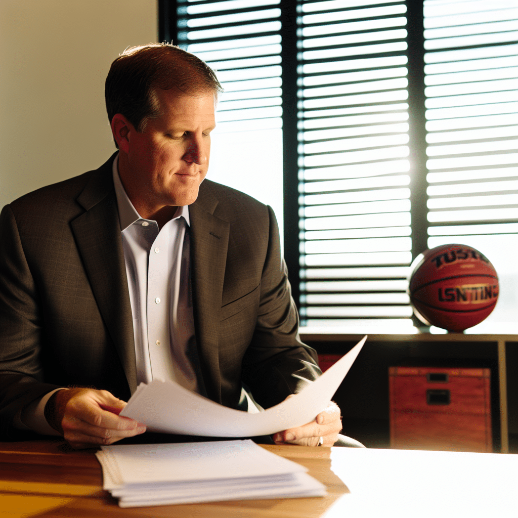 Entrepreneur reviewing scholarship documents in a modern office with subtle sports decor
