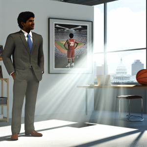 Entrepreneur in a modern office with subtle sports decor representing sports leadership and education support in Ohio