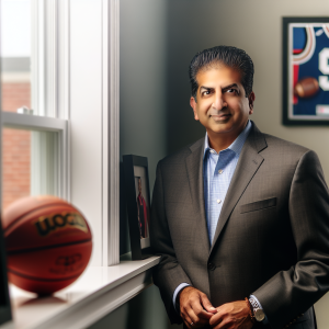 Entrepreneur in a modern office with subtle sports memorabilia, representing community leadership in education and athletics