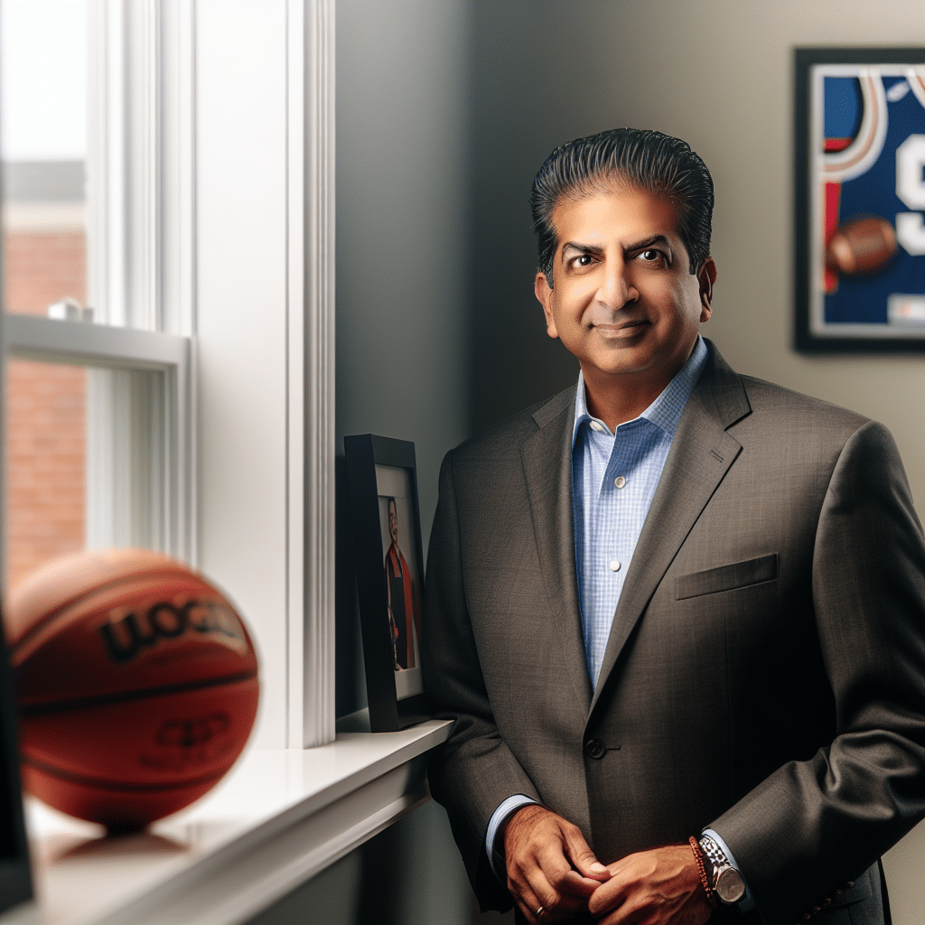 Entrepreneur in a modern office with subtle sports memorabilia, representing community leadership in education and athletics