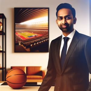 Entrepreneur and community leader in an office setting with subtle sports accents