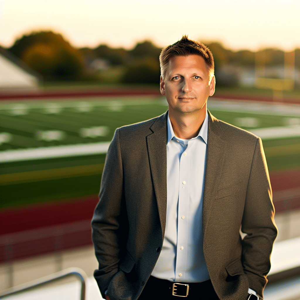 Entrepreneur in business-casual attire near a community sports field in Ohio at golden hour