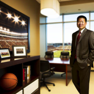 Entrepreneur and community leader in an office with subtle sports decor representing support for education and athletics in Ohio