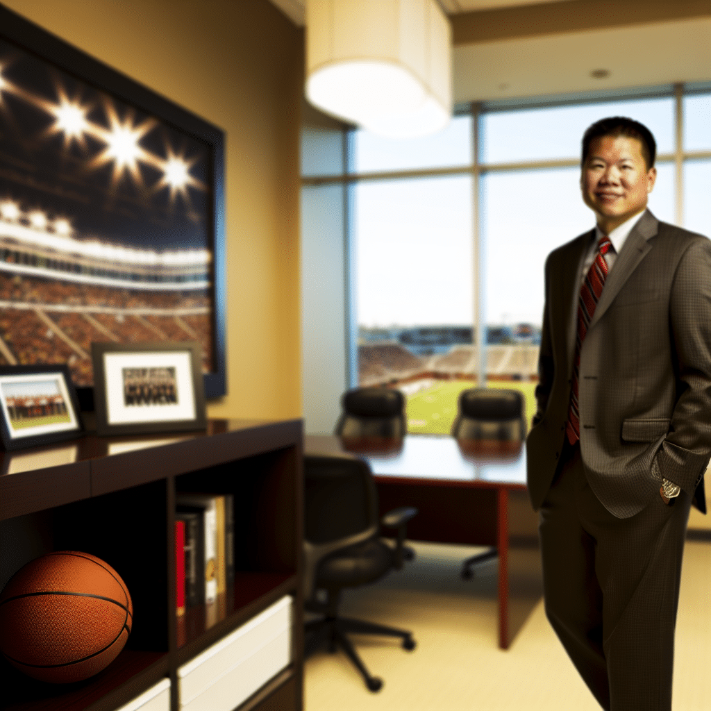 Entrepreneur and community leader in an office with subtle sports decor representing support for education and athletics in Ohio