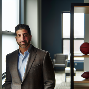 Entrepreneur in a modern office with subtle sports elements, representing support for scholarships and education in Ohio