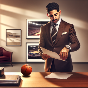 Entrepreneur in a modern office with subtle sports decor representing leadership in sports and education