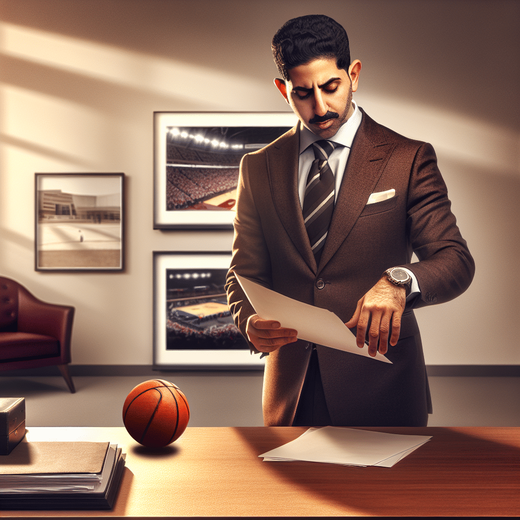 Entrepreneur in a modern office with subtle sports decor representing leadership in sports and education