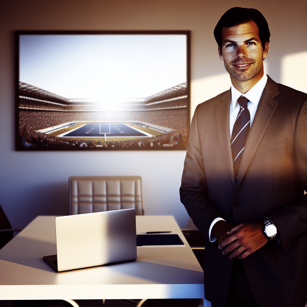 Entrepreneur in a modern office with subtle sports decor representing education and scholarship support in Ohio