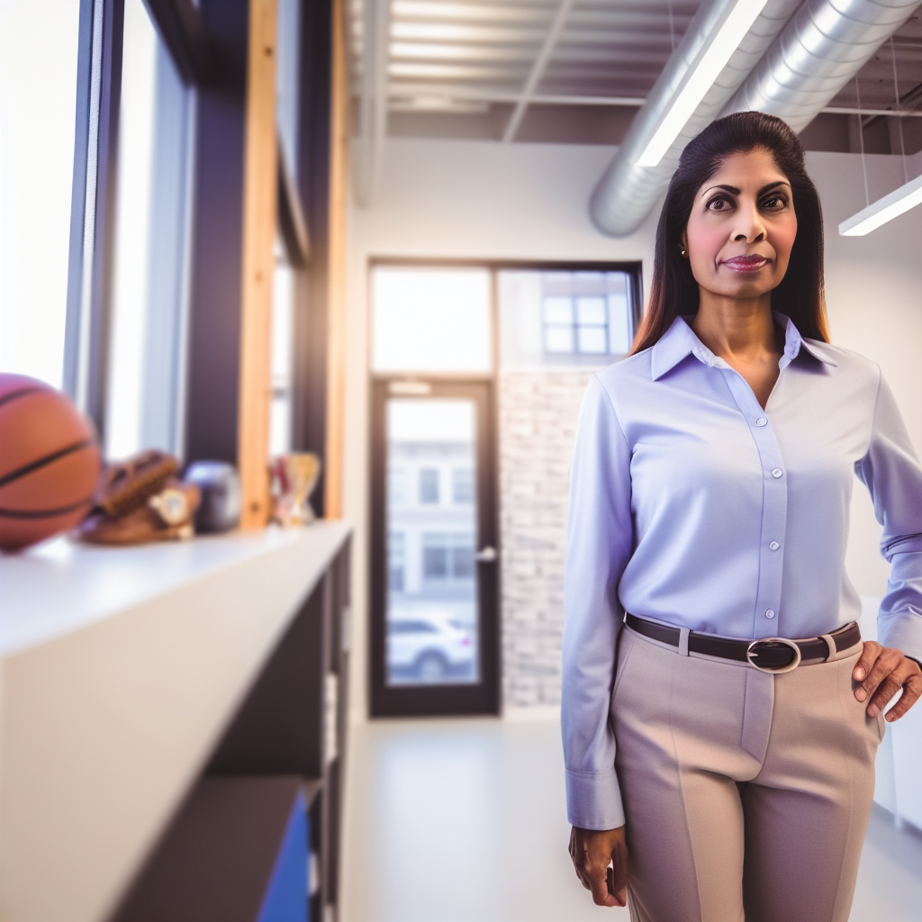 Entrepreneur in a modern office with subtle sports memorabilia, representing support for scholarships and education in Ohio