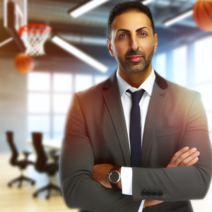 Business leader in a modern office with subtle sports background elements representing sports management and education support.