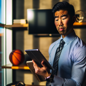 Entrepreneur reviewing notes in an office with subtle sports elements, representing sports leadership and scholarship support in Ohio