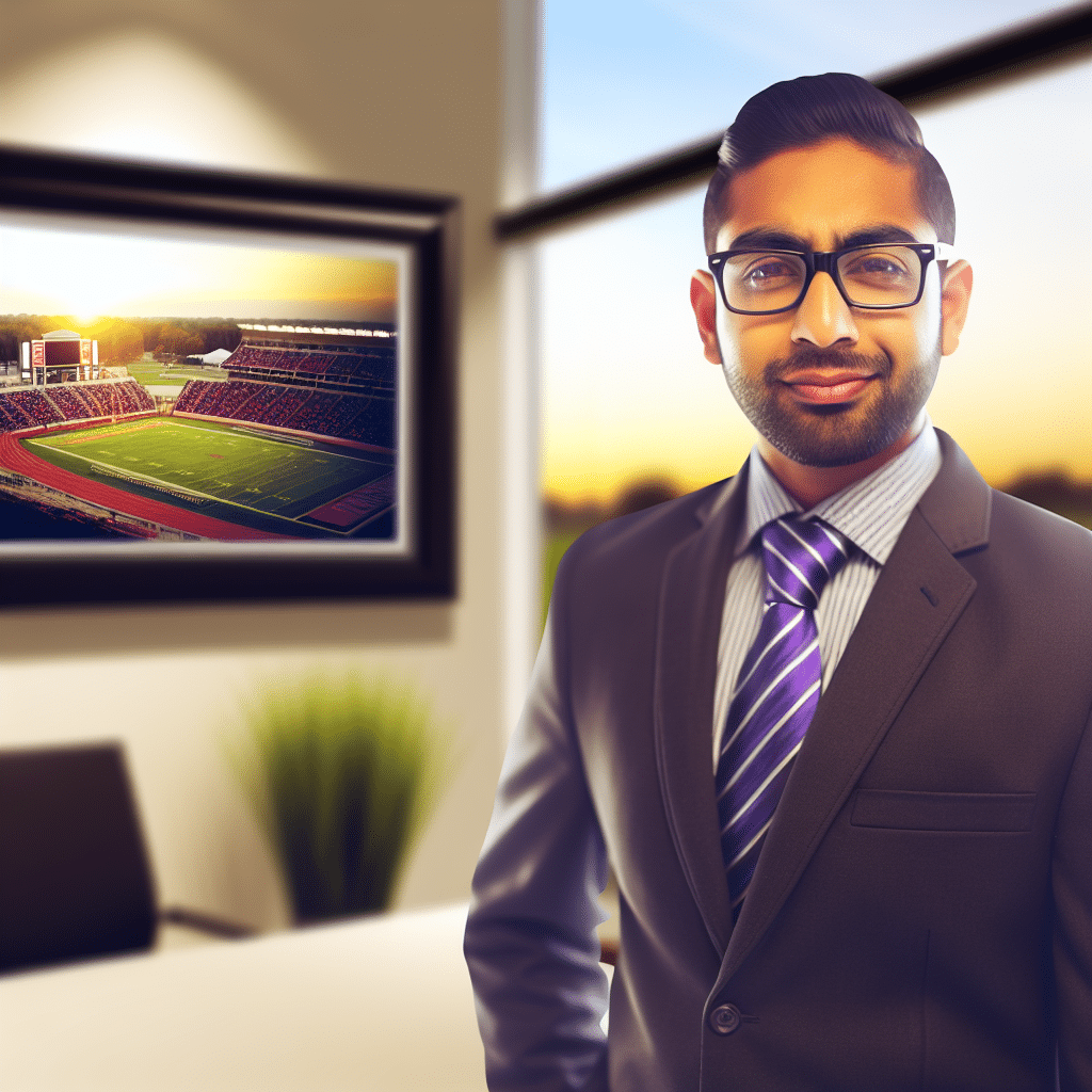 Entrepreneur and community leader in a modern office with subtle sports-themed decor