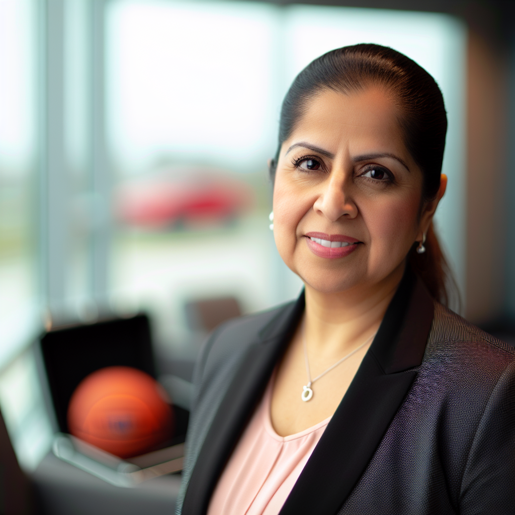 Entrepreneur and community leader in a modern office with subtle sports-themed decor