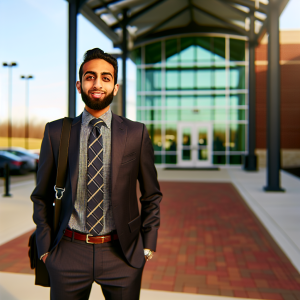 Entrepreneur near a modern sports facility representing leadership in sports and education