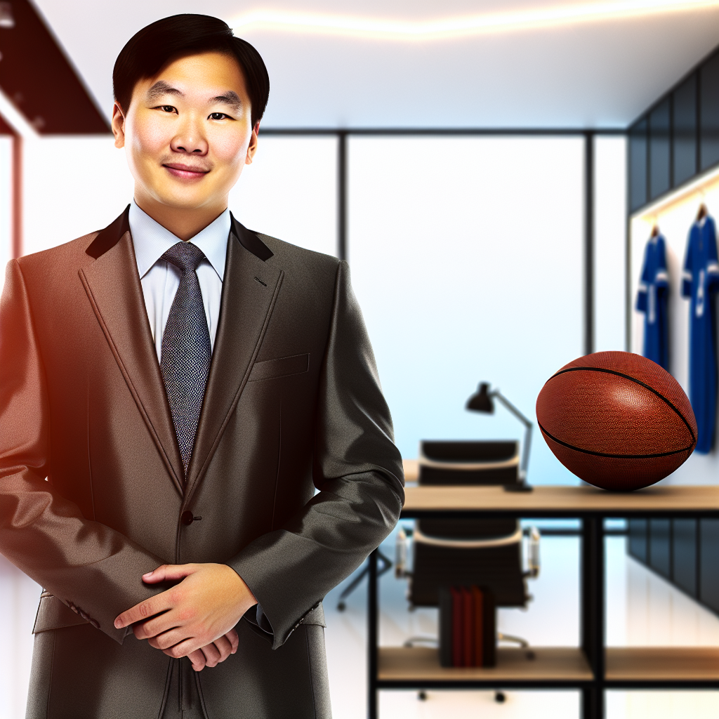 Business leader in a modern office with subtle sports elements representing sports management and education support