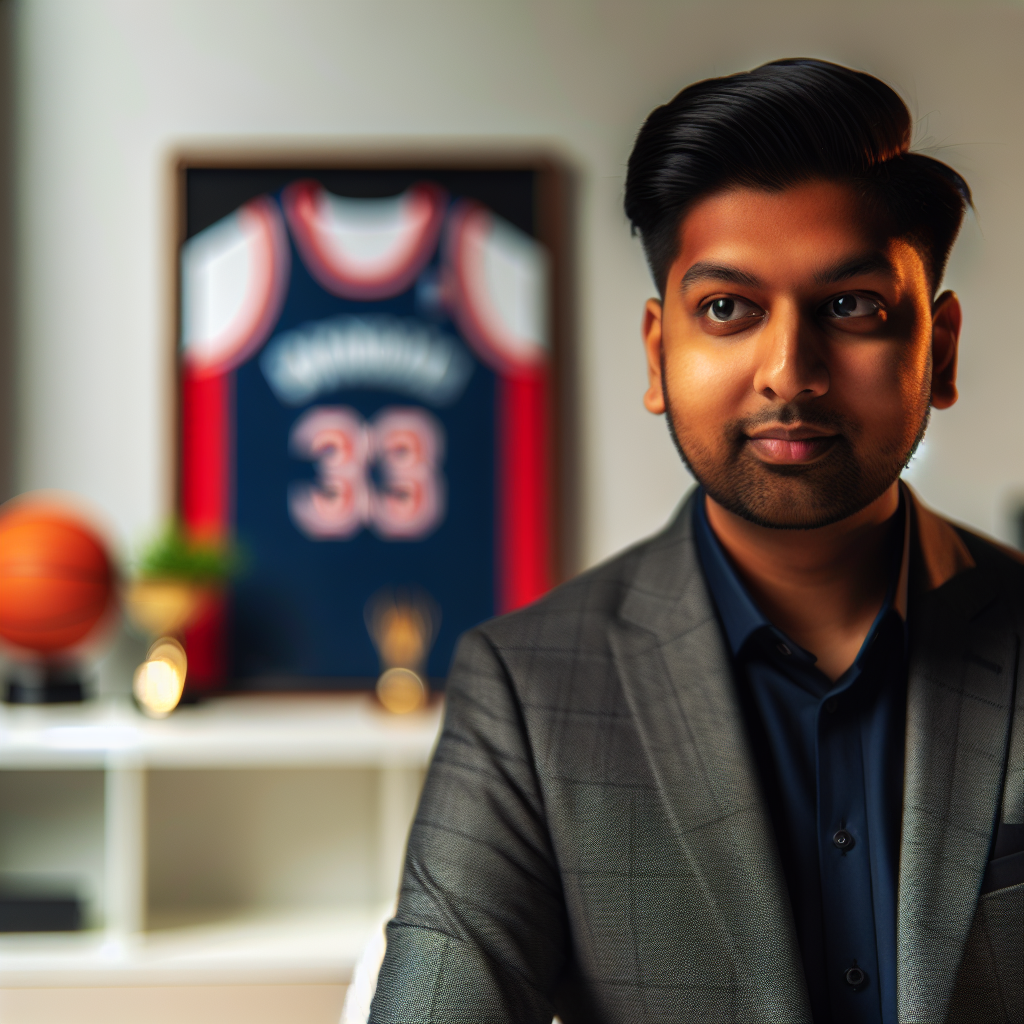 Professional businessman in a modern office with subtle sports-themed decor