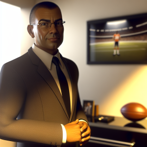 Businessman in a modern office with subtle sports-themed decor representing sports and education leadership