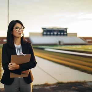 Entrepreneur and community leader near a high school sports field discussing education and scholarships